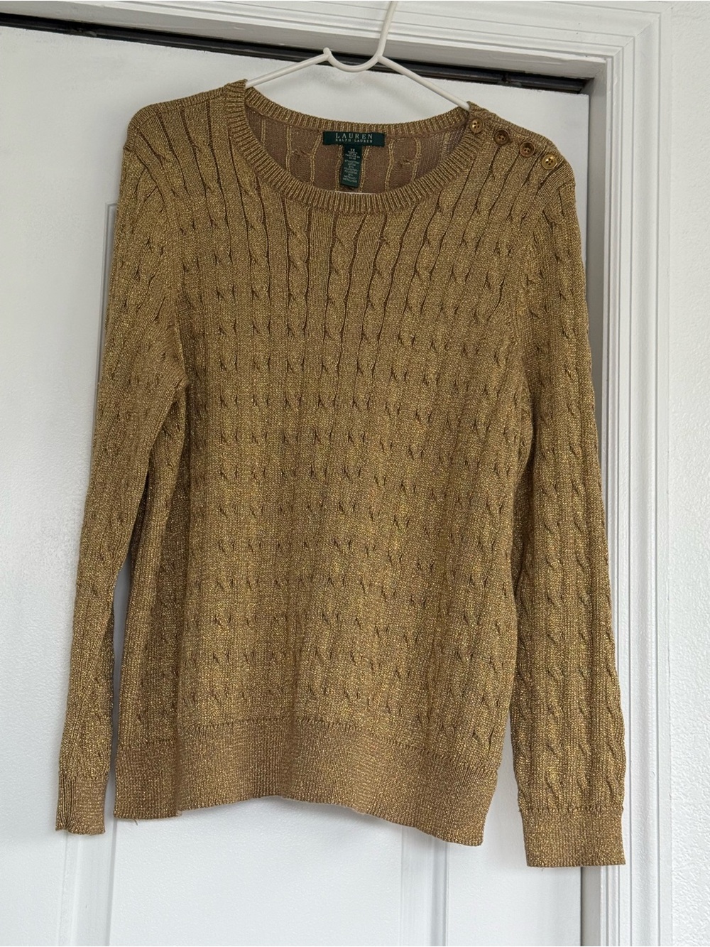 Lauren Ralph Lauren Gold Cable-Knit Sweater with Shoulder Buttons